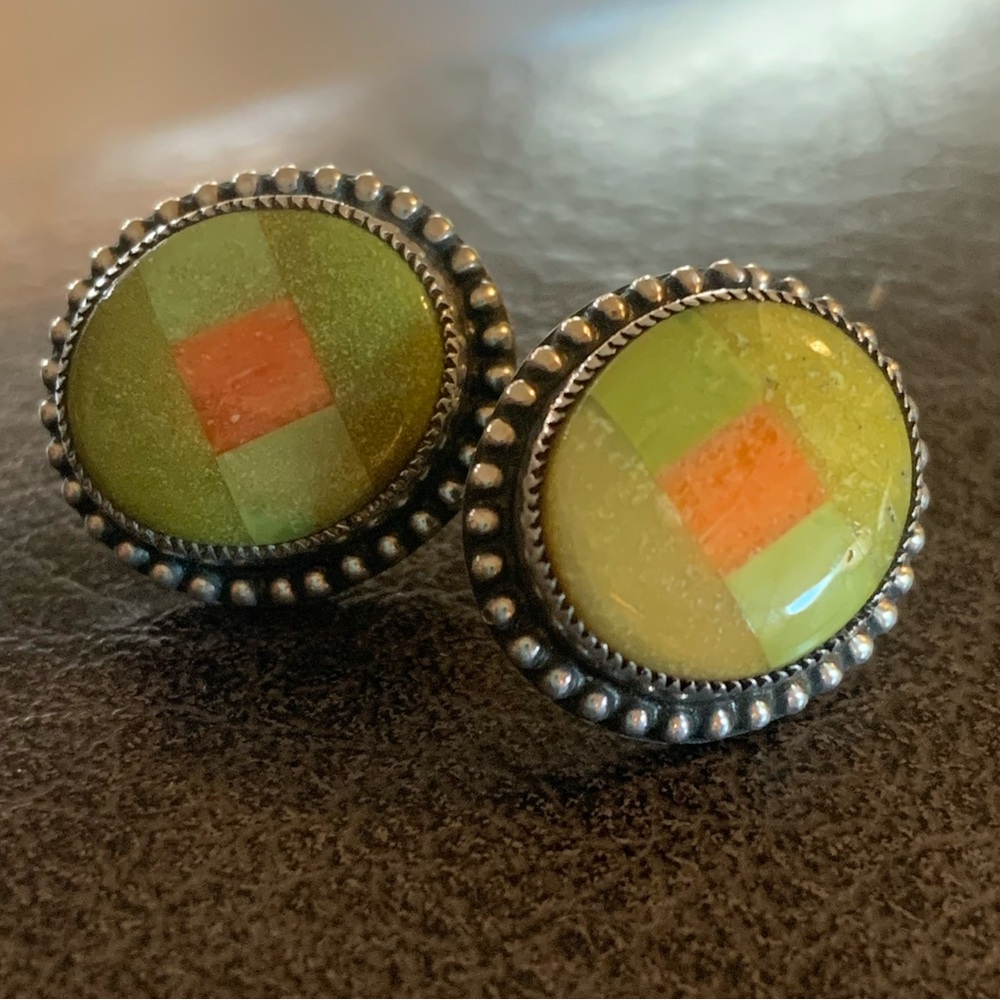 Aldrich Art Green Turquoise & Orange Spiney Oyster Mosaic Sterling Post Earrings